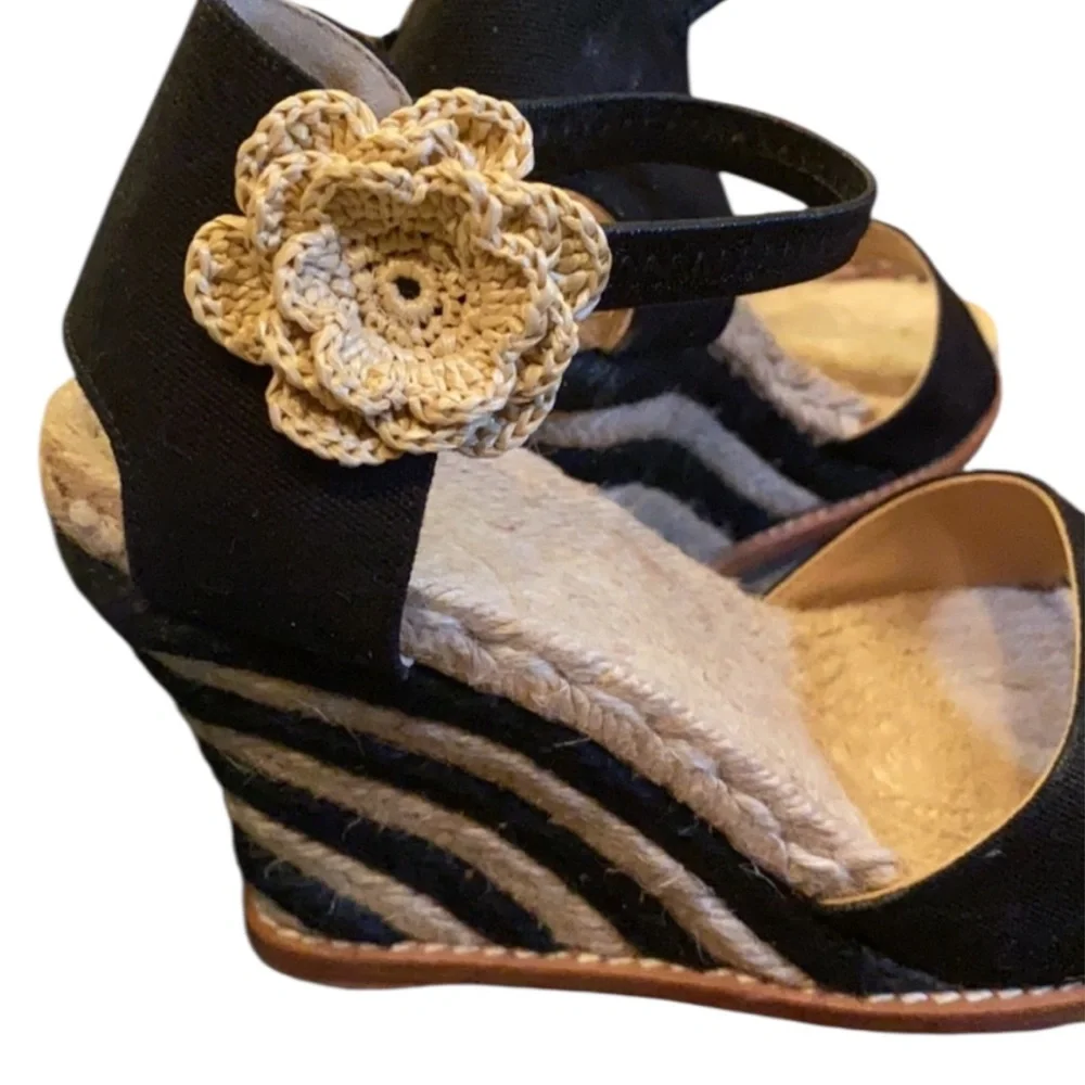 Vintage Kate Spade Grenada Black Canvas Espadrille  Tan Black Wedge Ankle Strap